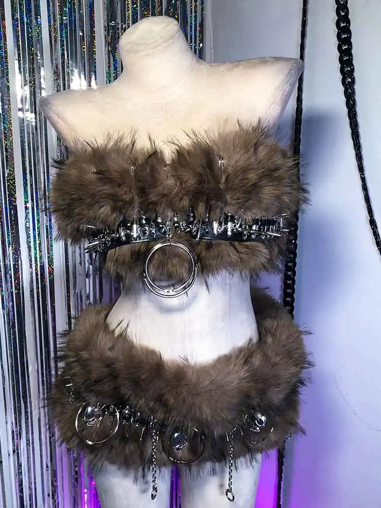 Punk Rock Studded Hand Made Emo Kawaii E-Girls 90s O-ring Skull Gothic Harajuku DIY Goth Eco Y2K Faux Fur TOPS Hip Hop Grunge