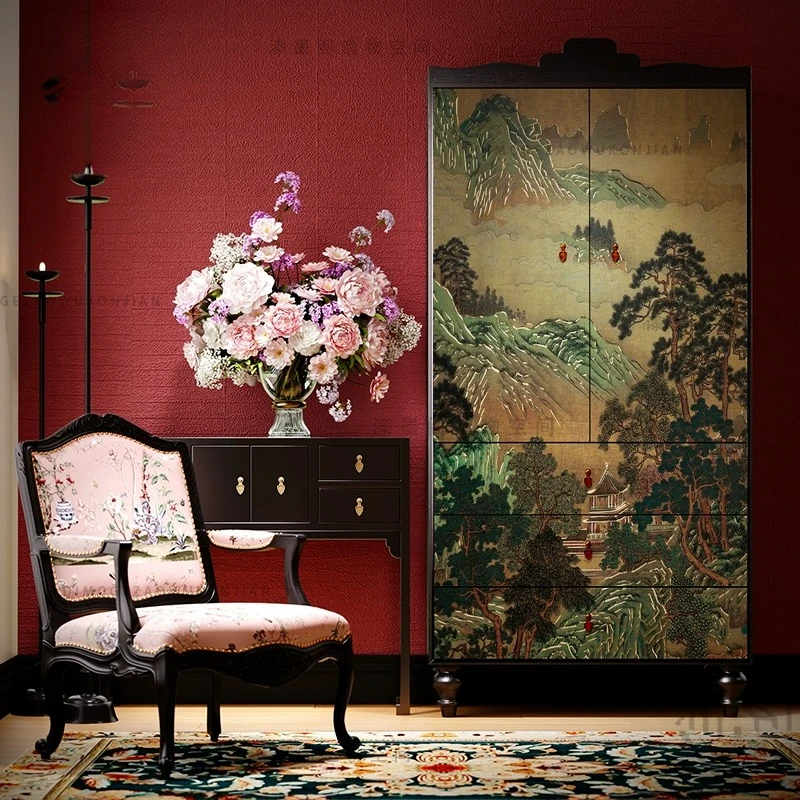 

French Chinese style picturesque wardrobe living room solid wood locker vertical cabinet porch multi-functional storage locker