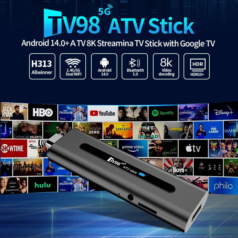 TV98 ATV Android 14 Smart TV Stick 8K 2.4G 5G Dual WiFi BT 5.0 Set Top Box HDR10 Voice remote TV Box Allwinner H313 Media Player