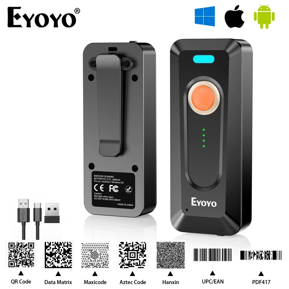 Eyoyo EY-039 2024 New Bluetooth Barcode Scanner 2D QR Wireless Mini 1D Bar Code Reader With Clip&Power Indicator,2000mAh Battery