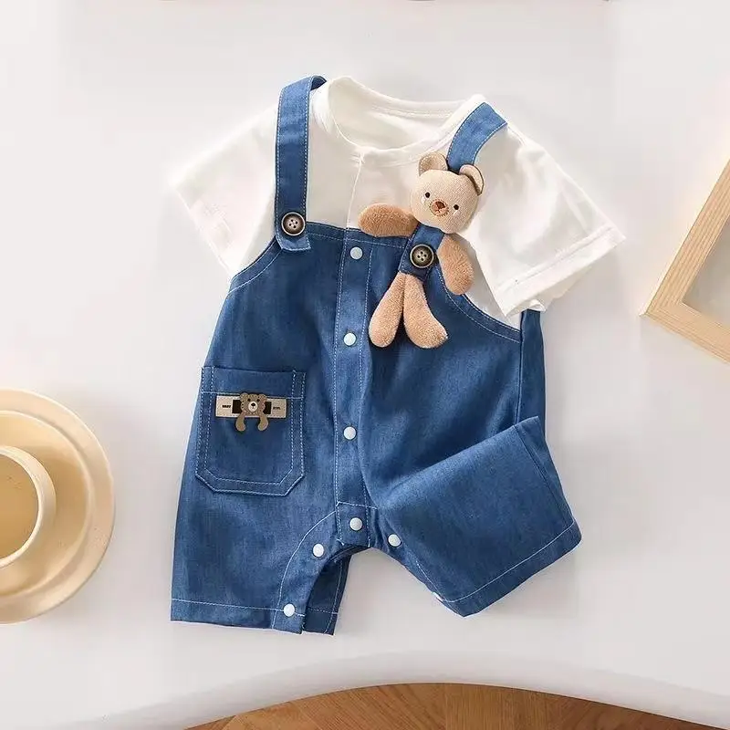 

Baby Summer Clothes for Boys Girls Fake Two-Piece Onesie Jumpsuit Cute Bear Suspenders Denim Romper Toddler Infant Outfit Korean