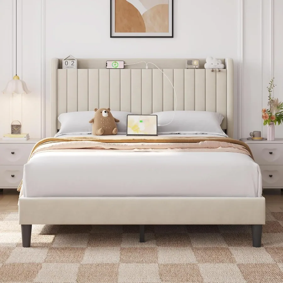 Bed Frame with Channel-Tufted Storage Headboard for bedroom use, upholstered in premium gray fabric, featuring hidden under-bed