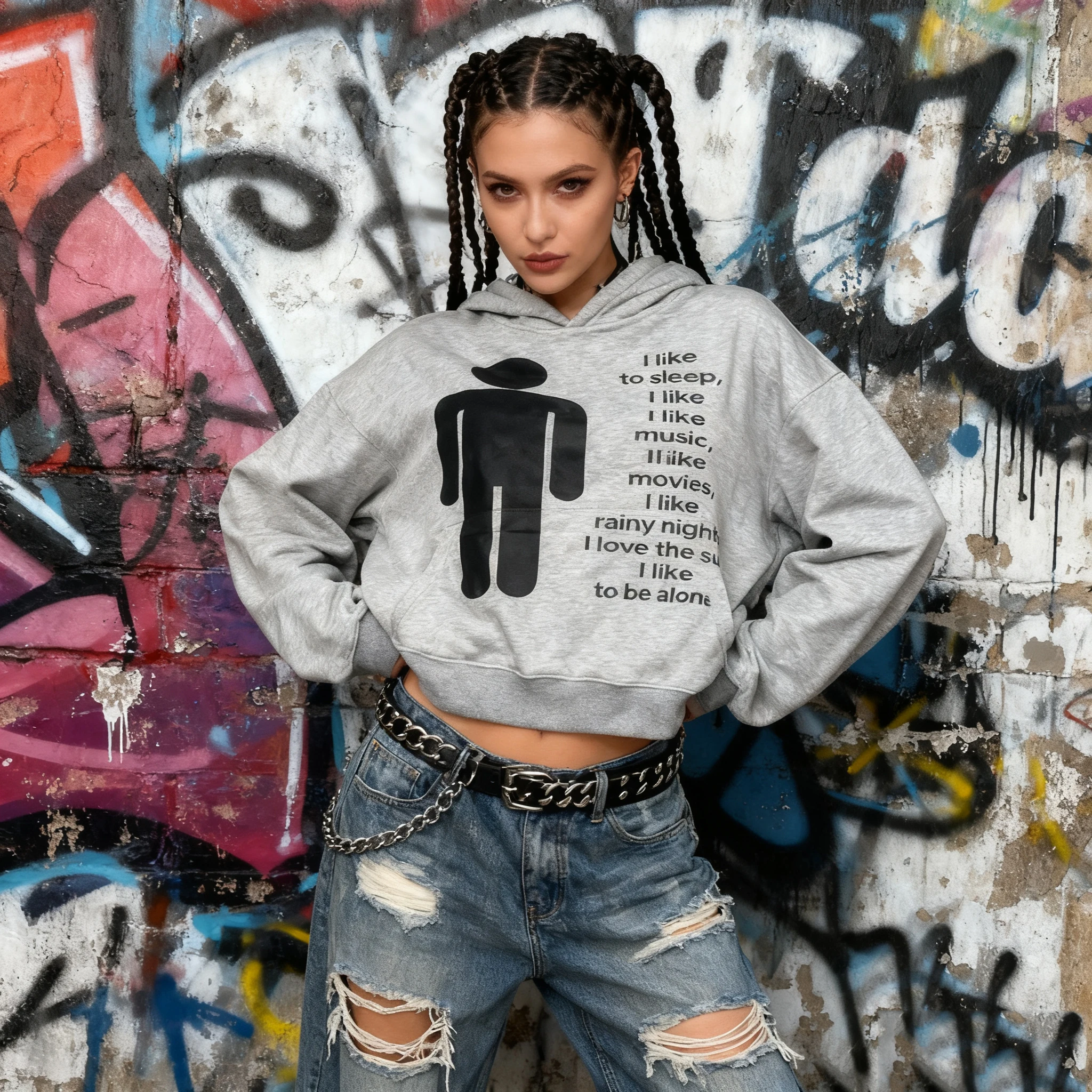 

2025 Women's Punk Graphic Print Oversized Hoodie - Edgy Streetwear Casual Sweatshirt for Spring Autumn Y2K Millennium Style