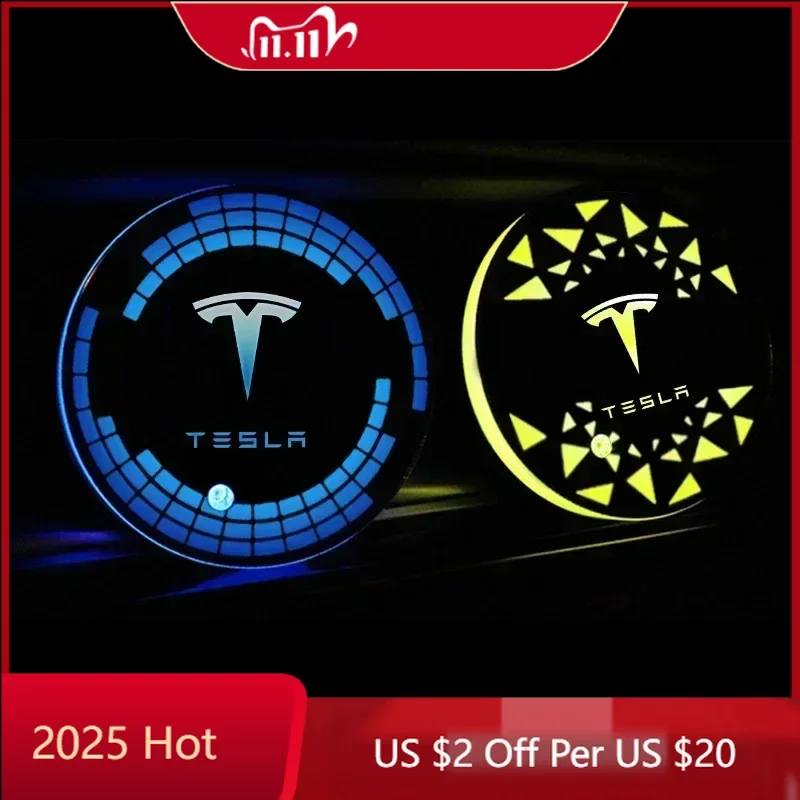 

Автомобильная наклейка, светящаяся автомобильная подставка, светодиодный автомобильный слот для чашки, коврик, атмосферный светильник для Tesla Model 3 Y S X Roadster Cybertuck P75D P85