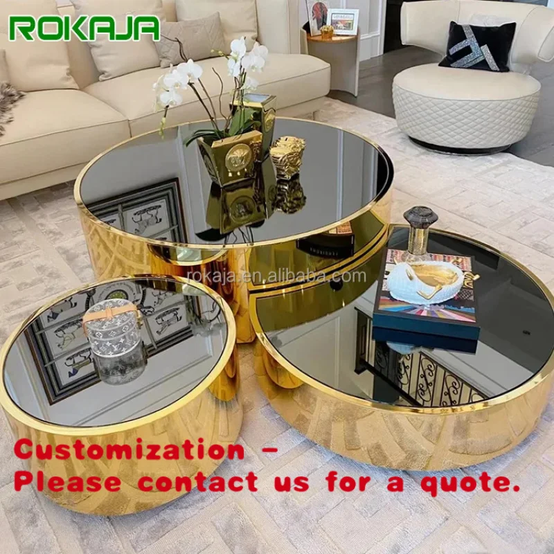 custom.Hot Sales Round Glass Top Coffee Table Set Three Sizes Glossy Matte Gold Stainless Steel Frame Marble Center Tea