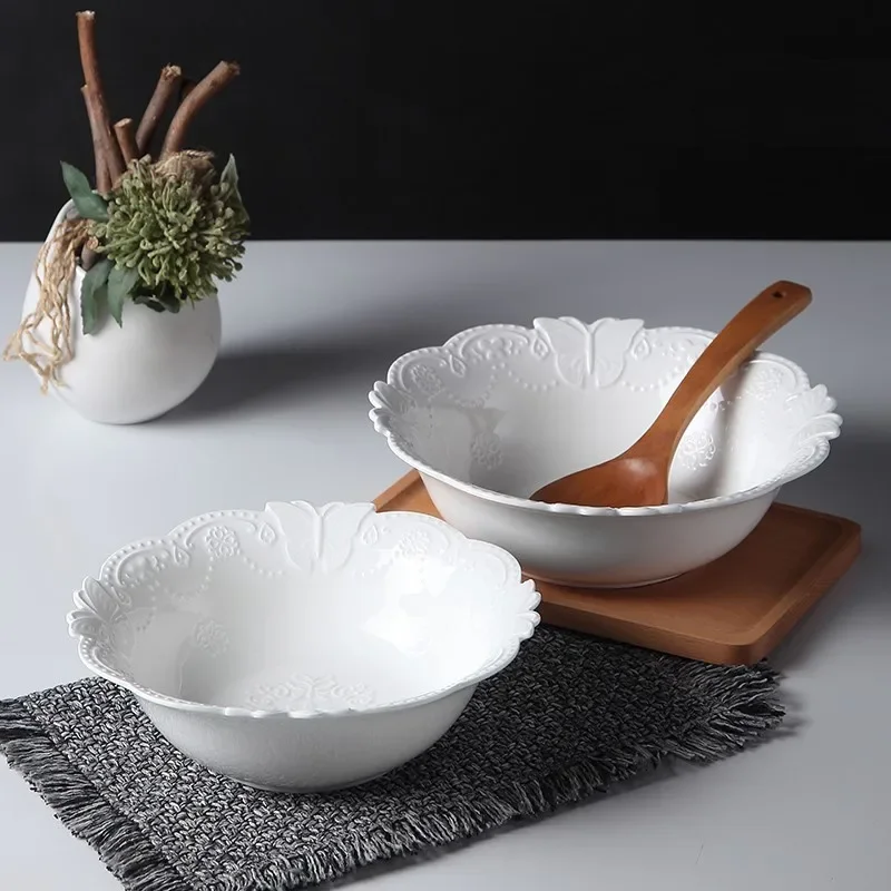 9inch, white embossed porcelain soup dinner serving bowl. ceramic mixing bowls for baking, butterfly design, kitchen cooking