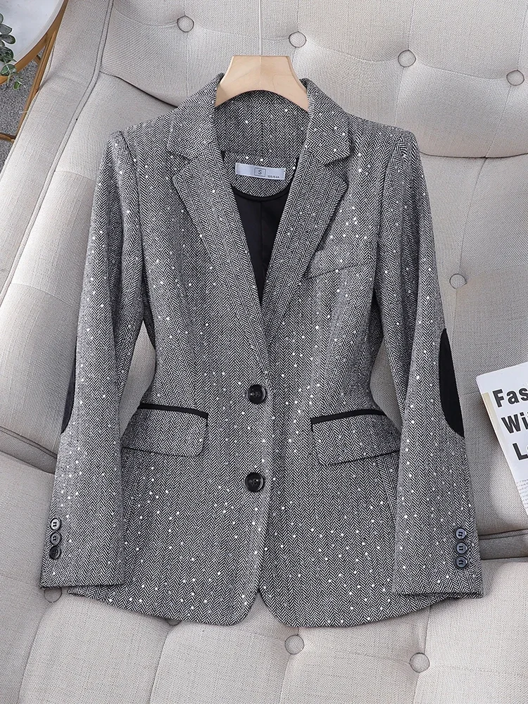 Blazer gris café à manches longues pour femmes, manteau à boutonnage simple, veste décontractée pour dames, grande taille, mode automne et hiver, Y2K