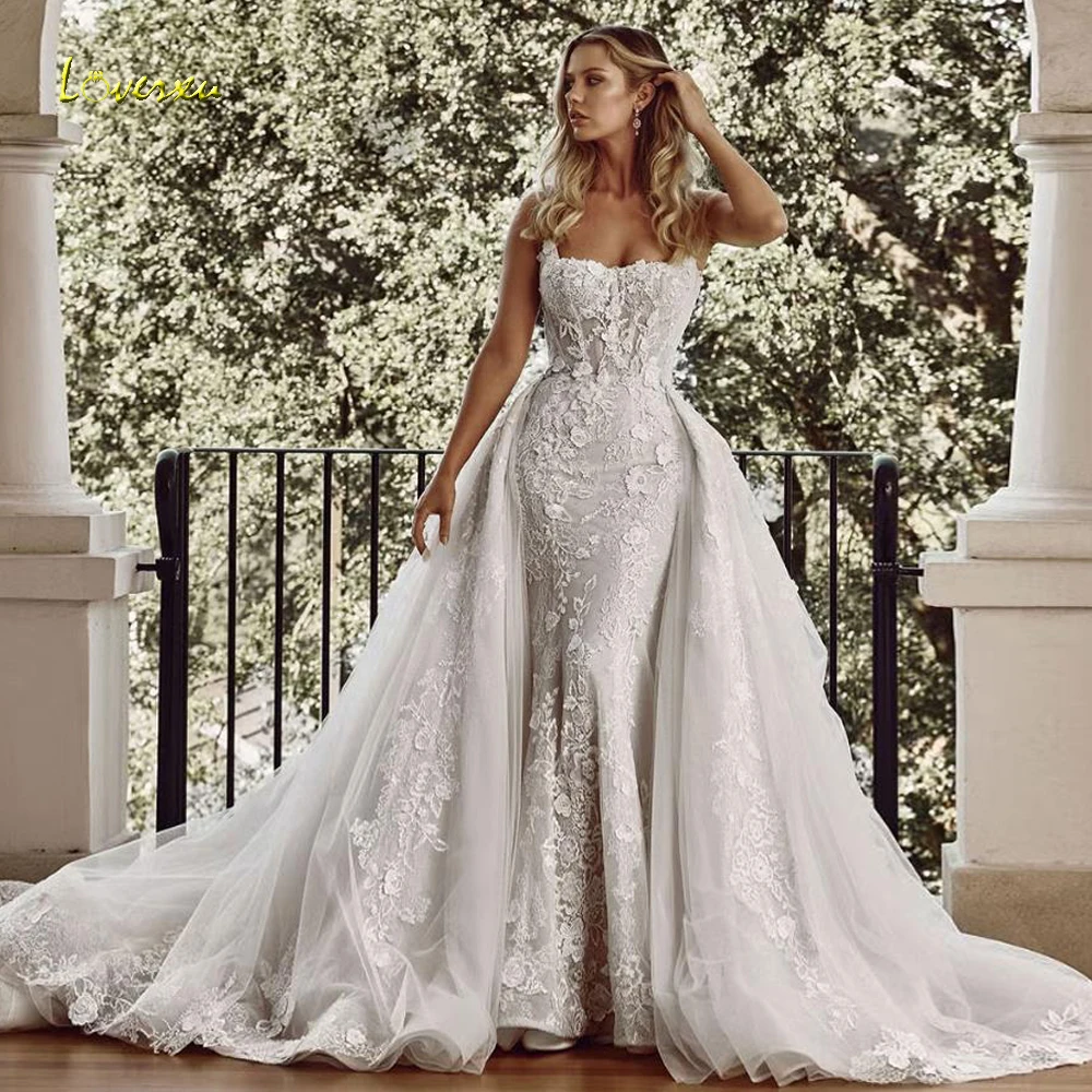 Loverxu Meerjungfrau Sexy Brautkleider Spaghetti-trägern Vestido De Novia Spitze Stickerei Abnehmbarer Zug Nach Maß Brautkleid