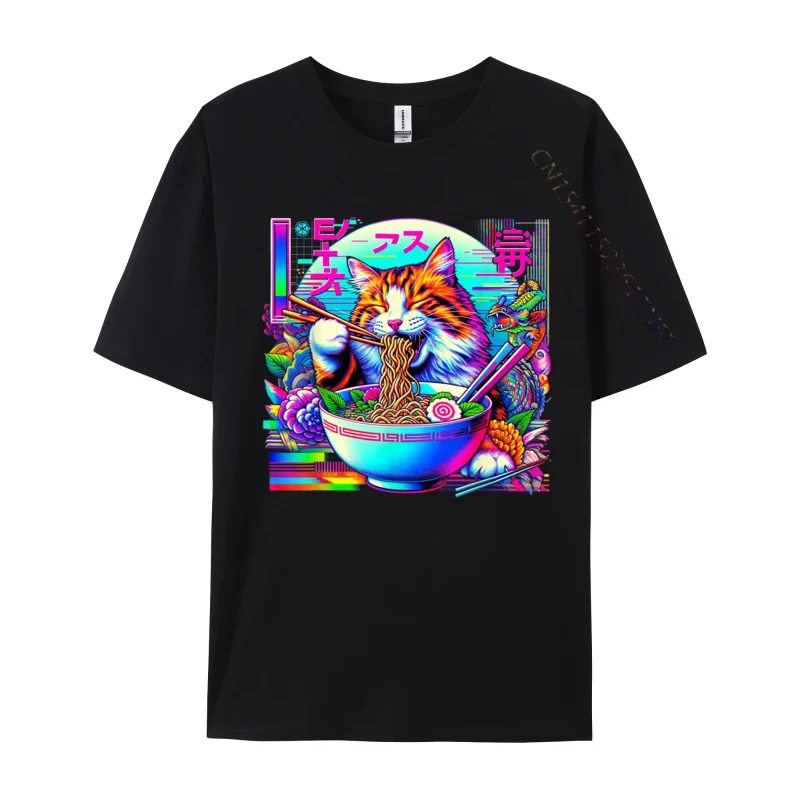 

Vaporwave Japanese Glitch Cat Eating Ramen Funny Premium Cotton Tops & Tees Tops Shirt Classic Gift T Shirts