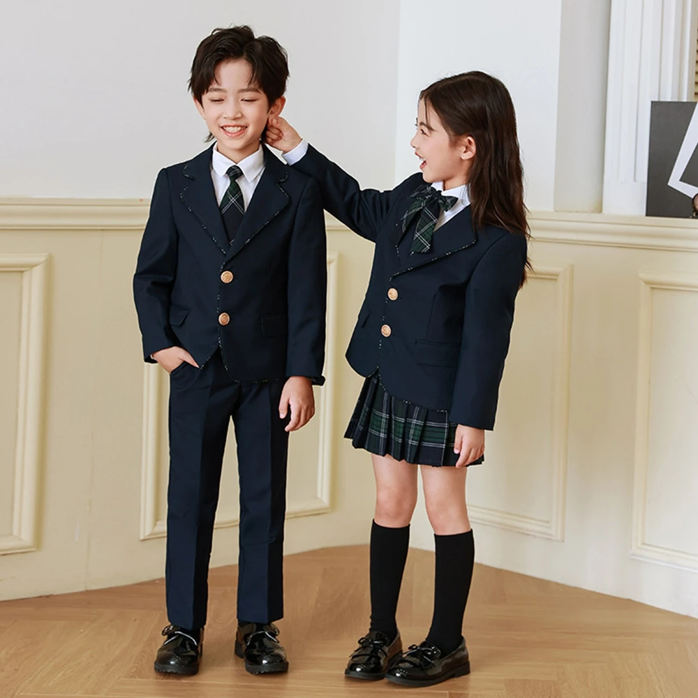 Spring and Autumn College Style Class Uniform Three Piece Set Girl Boys Fashion Suit British Style Shirt Coat Pants or Skirt Set