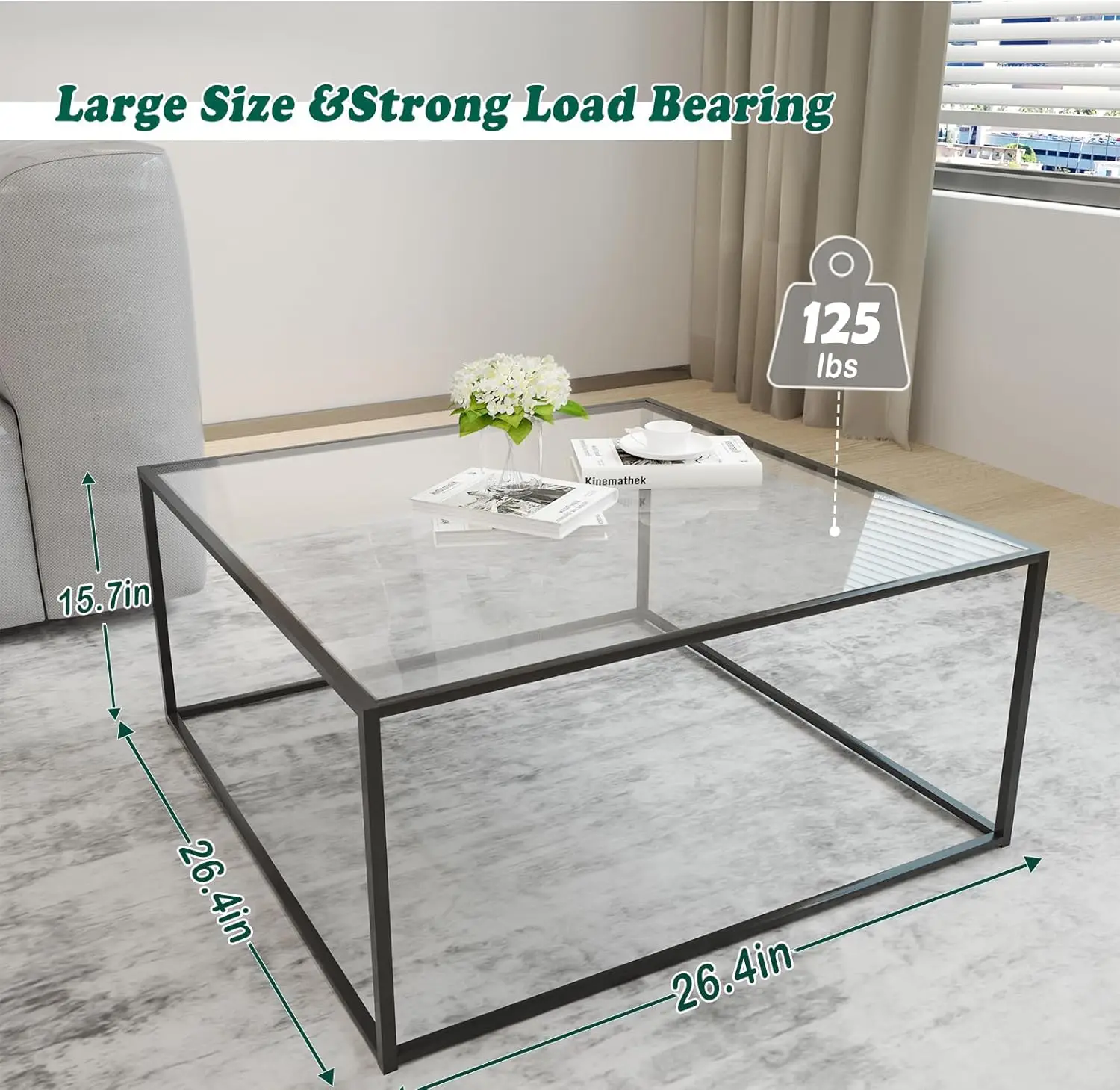 Glass Coffee Table Modern Center Table,Minimalist Coffee Table Sofa Side Tea Table ,Tempered Glass-top with Sturdy Metal Frame, Easy Assembly,Black