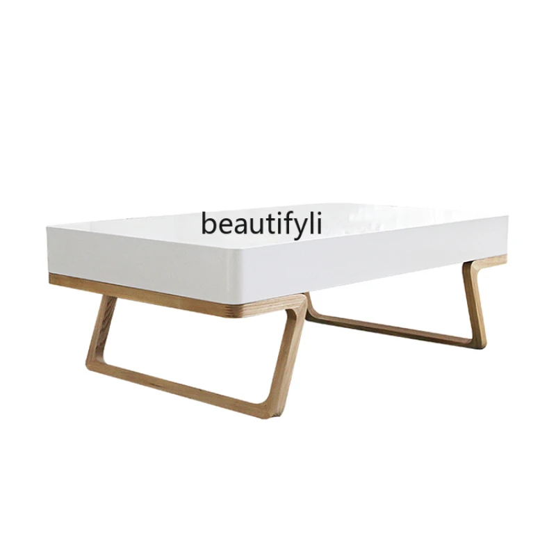 

yj Modern Simple White Rectangular Tea Table White Oak Color Storage Coffee Table Texture Matte