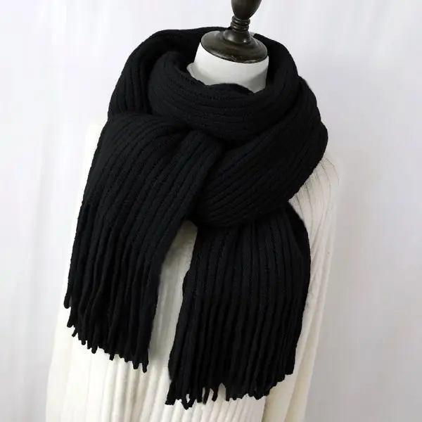 Scarf Women Winter Student Korean New Knitted Couple Thickened Warm Wool Female Solid Color Tassel Scarf 200x40cm