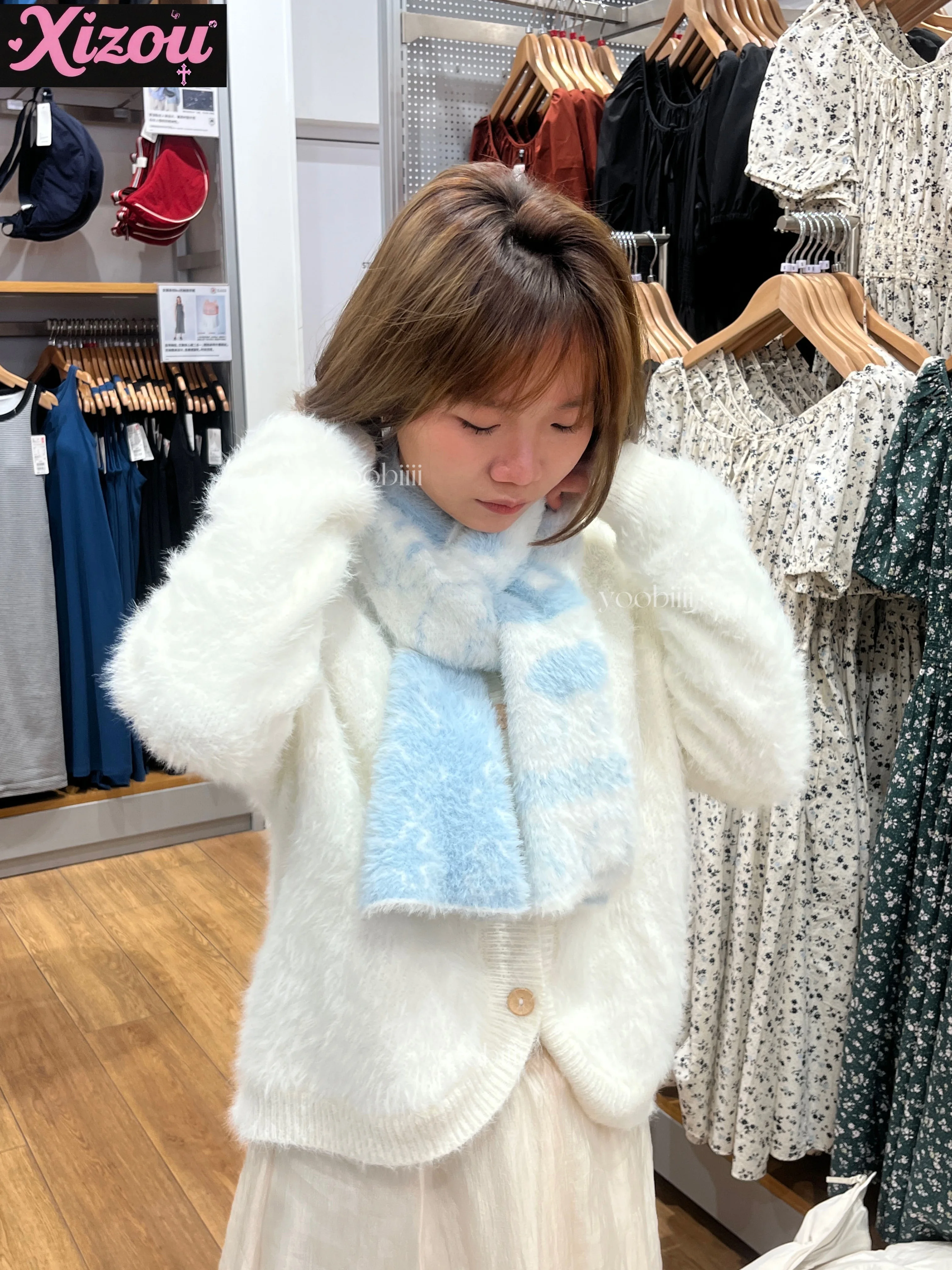 

Милый японский Yabifeng Y2k норковый синий шарф для женщин Лолита с мультяшным узором, мягкий теплый вязаный осенне-зимний студенческий шарф