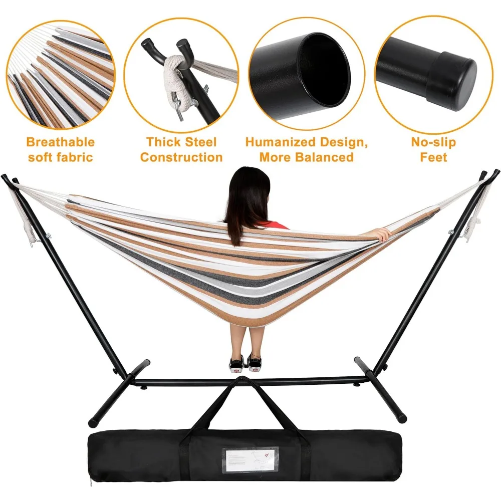 Double Hammock with 9FT Space Saving Steel Stand Set 620 lbs Capacity Portable 2 Person Adjustable Hammock Bed