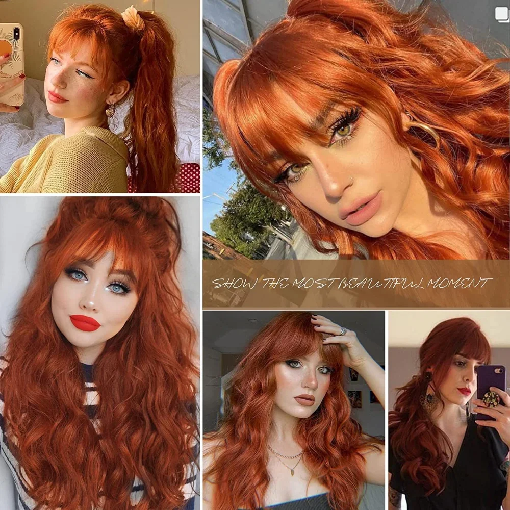 X-TRESS Synthetic Ginger Red Wavy Wig with Air Bangs 20 Inch Hair Wave Curly Cosplay Wig for Girls Gift Daily Use Colorful Wigs