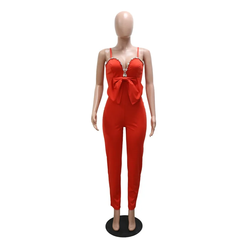 Autumn Sexy Diamond Strap Jumpsuit Women Fashion Solid V-Neck Bow Strap Jumpsuit Women