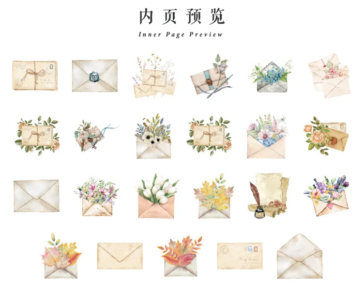 46Pcs Flower Envelope & Letter Stickers per Box for Junk Journal Diary Planner Scrapbooking Decorative DIY Craft