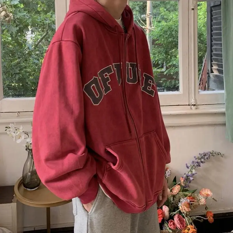 

Juspinice American Style Fashion with Plush Distressed Washed Hooded Cardigan Men's Thick Hoodie Loose Jacket Male Clothing