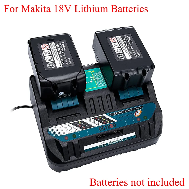 

DC18RD Power Tool Battery Charger Dual-Port Lithium Battery Charger Compatible for Makita 18V Lithium Batteries BL1415/BL1430