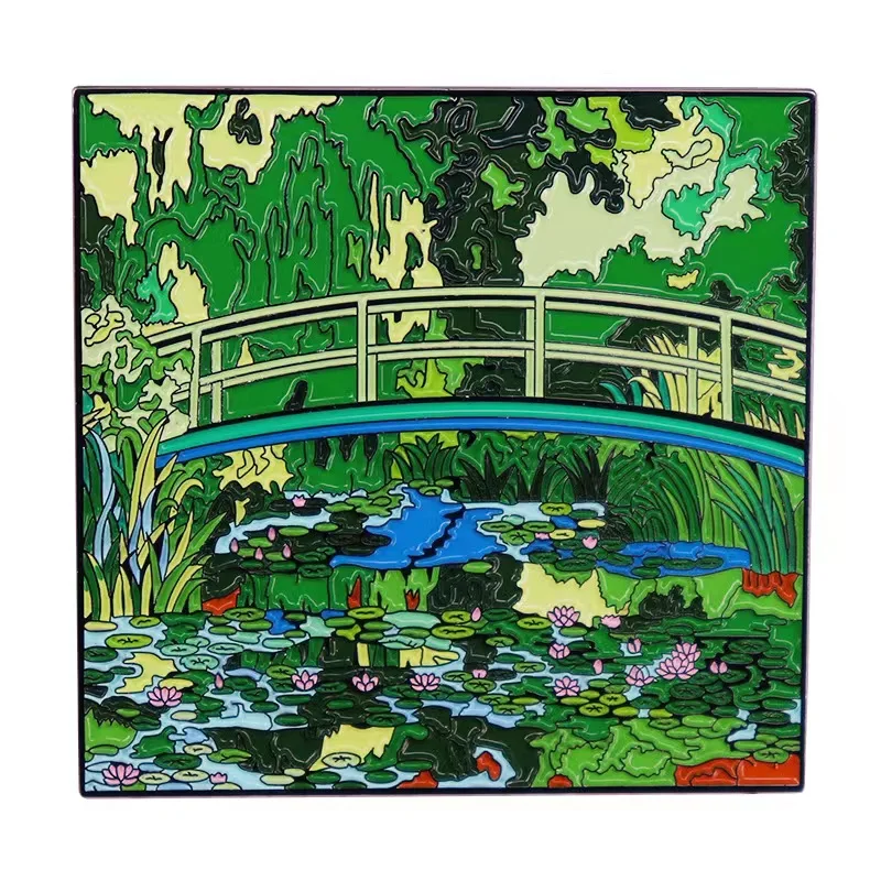 High Quality Monet Paintings Water Lilies and Nihonbashi Enamel Pin Metal Badge Landscape Oil Painting Brooch Fashion Jewelry