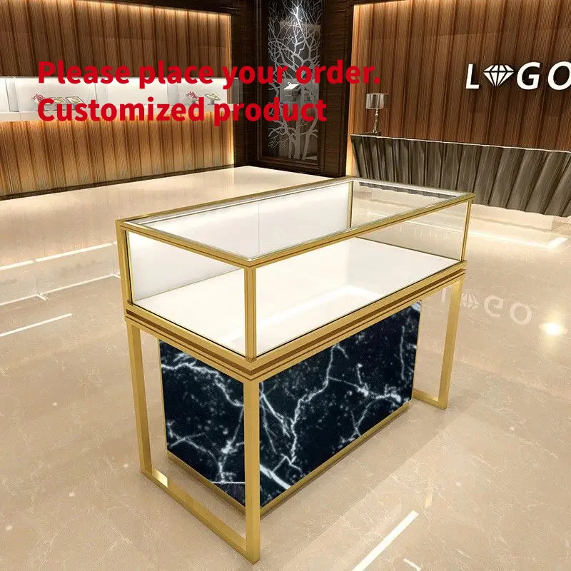 custom.Luxury Gold Stainless Steel Jewelry Display Showcase with Marble Base Modern Glass Jewelry Store Cabinet with LED Light
