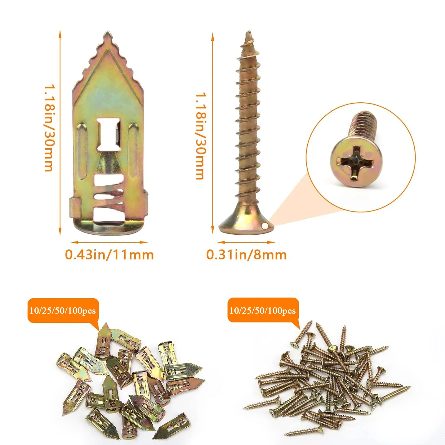 10/25/50Pairs 1Anchor and 1Screw/Pair Self-Drilling Drywall Anchors and Screws Zinc Plated Steel Hollow Wall Anchors and Screws