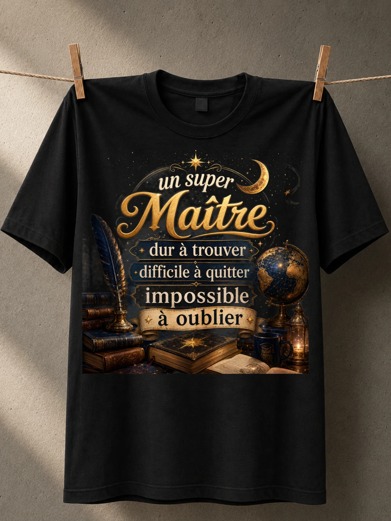 Un super Maitre magical teacher moon globe antique books quill gold stars elegant French classroom  Unisex All T-Shirt