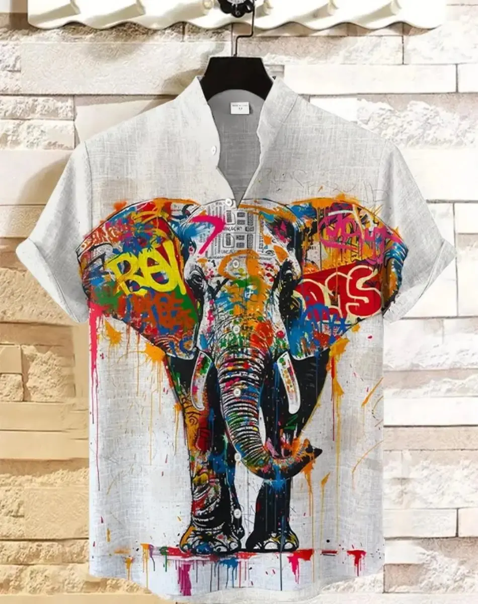 

New Retro Men's Ethnic Elephant Pattern Print Lapel Shirt, Fashion Casual Short Sleeve Linen Neuheiten In Oberteile Und T-shirts