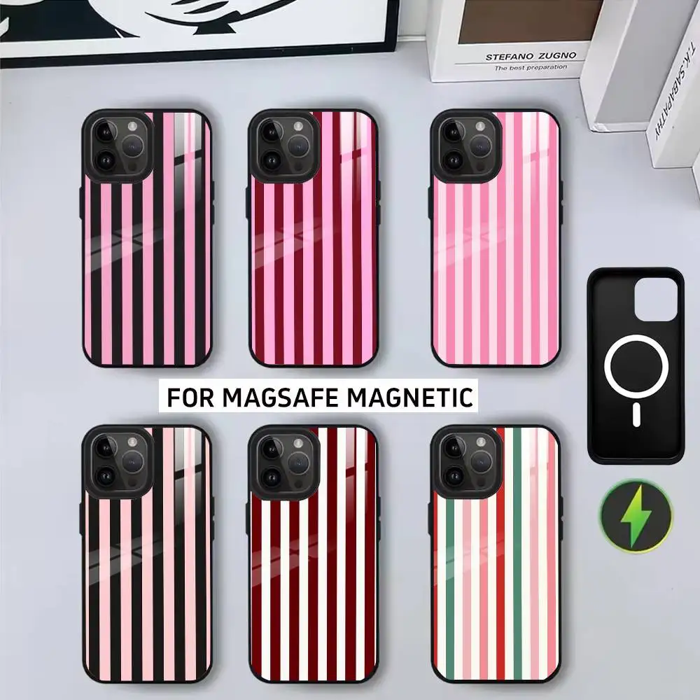 

B-Burgundy W-White S-Stripe line Phone Case For iPhone17,16,15,14,13,12,11 Plus,Pro Magnetic For Magsafe Wireless Charging
