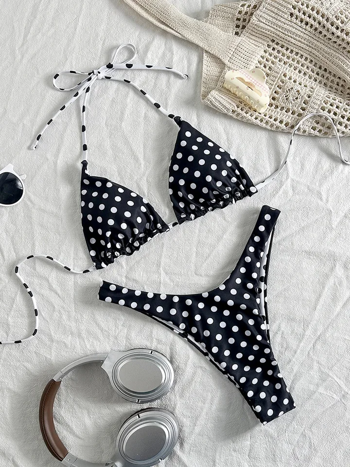 Vzvn Sexy Laced Up Polka Dot Double Sided Bikini 2 Piece Set Women Split Swimsuit Beach Bikini 2025 New All Season Bikini Set