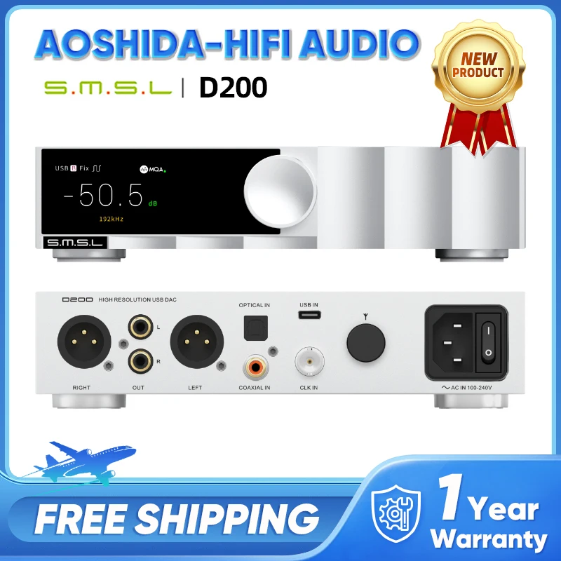 SMSL D200 Hi-Fi Audio Decoder ROHM BD34352EKV Chip Bluetooth5.1 MQA Support CK-03 Clock Lyrics Display Optical Coaxial USB DAC