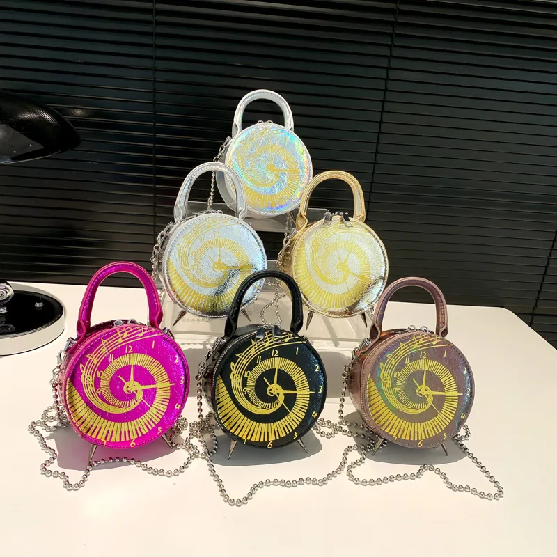 Small Round Bags for Women 2024 New Fashion Cartoon Cute Shoulder Bag Luxury High Quality Chain Party Clock Print Handbag Woman