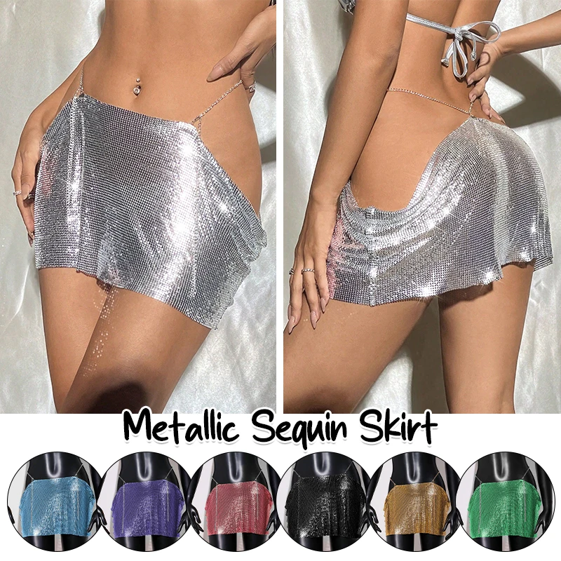 Sexy Metallic Sequins Beach Mini Dresses Women's Summer Nightclub Party Skirt Festival Outfit Carnival Daywear Metal Sling Chain