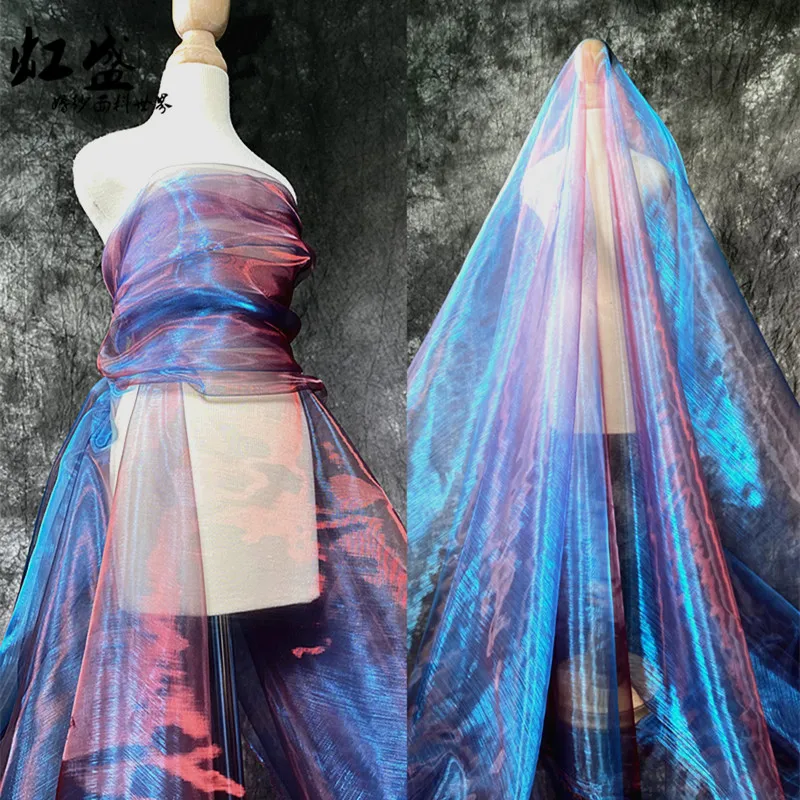 Ancient Blue Ancient Blue Gradient Color Laser Flashing Magic Color Organza Designer Fabric Dress Clothing Fabric