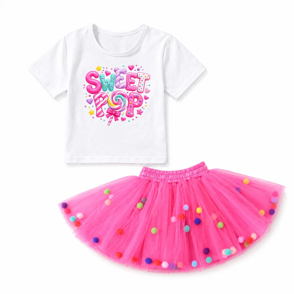 Toddler Girls Sweet Pop Candy Tutu Skirt Set 2 Pieces Cotton Print T Shirt Pink Pom Pom Tulle Skirt Kids Birthday Party Outfit