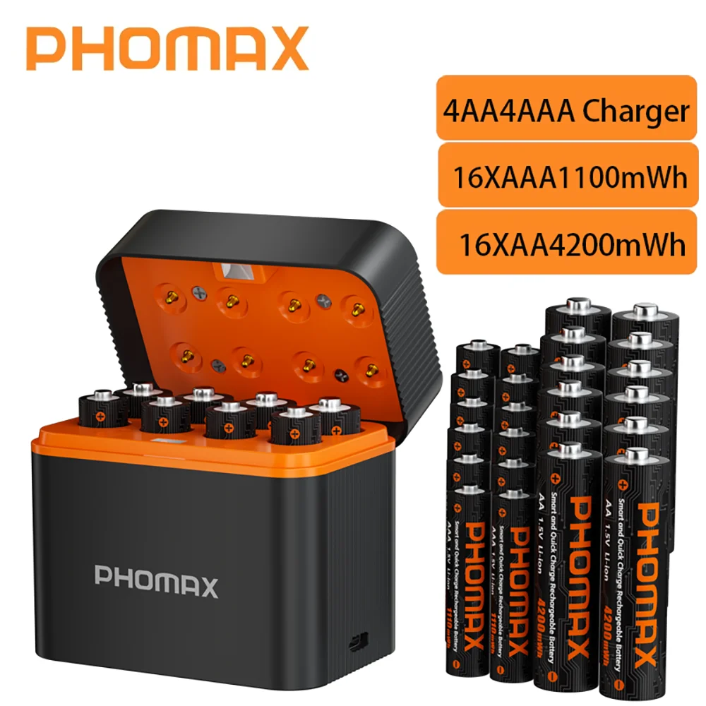 POHMAX 1.5V Lithium Rechargeable Battery AA 4200mWh AAA 1100mWh Lithium-ions Charger 8 Slots Fast Charging Box with Type-C Cable