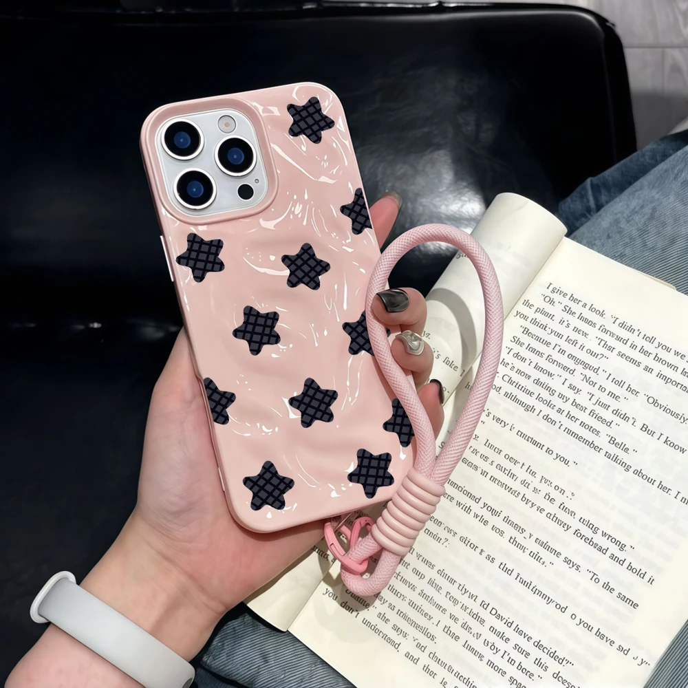 Karierte Sterne Y2K Falten-Silikon-Handyhülle für iPhone 17 15 13 11 12 14 16 17 Pro Max 14 15 Plus 17Air mit Lanyard-Abdeckung – Detail 3