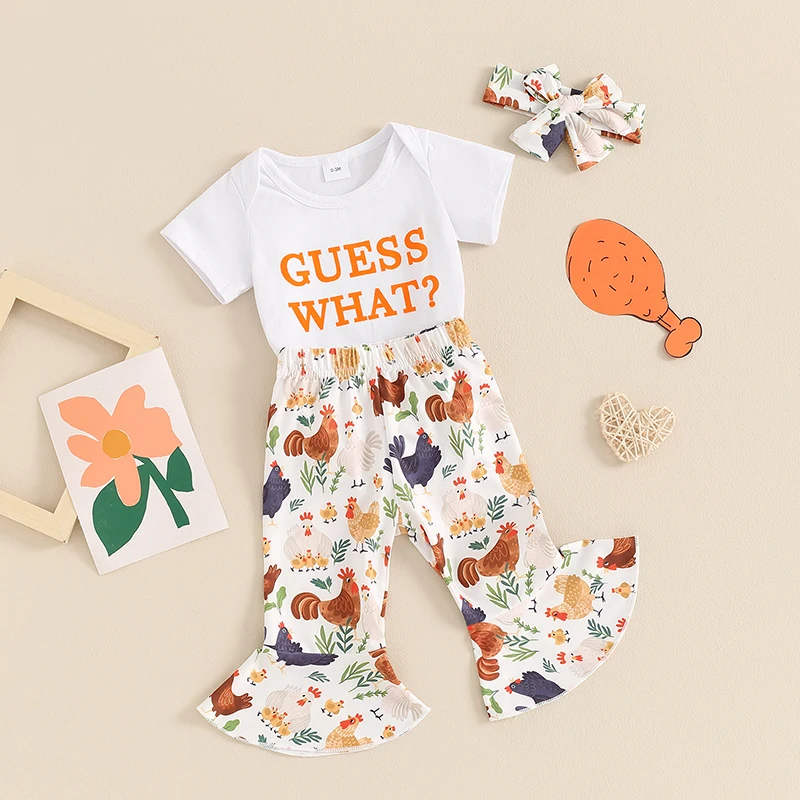 Baby Girls Summer 3PCS Sets Short Sleeve Romper Tops Chicken Print Flared Pants Headband Sets