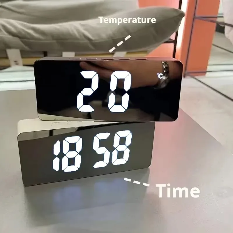 LED Mirror Alarm Clock Electronic Digital Clock Dual Alarm Thermometer Clock 12/24H Brightness Adjustment Desk Decor Table Home