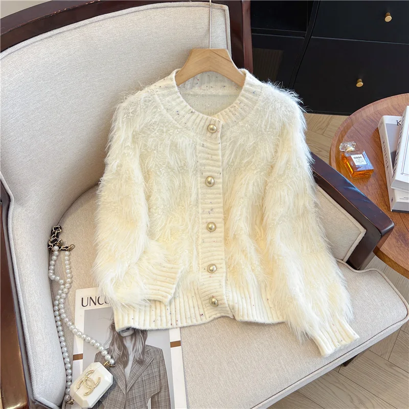 Imitation mink velvet thickened knitted jacket women's autumn and winter new small fragrance style high-end loose sweater