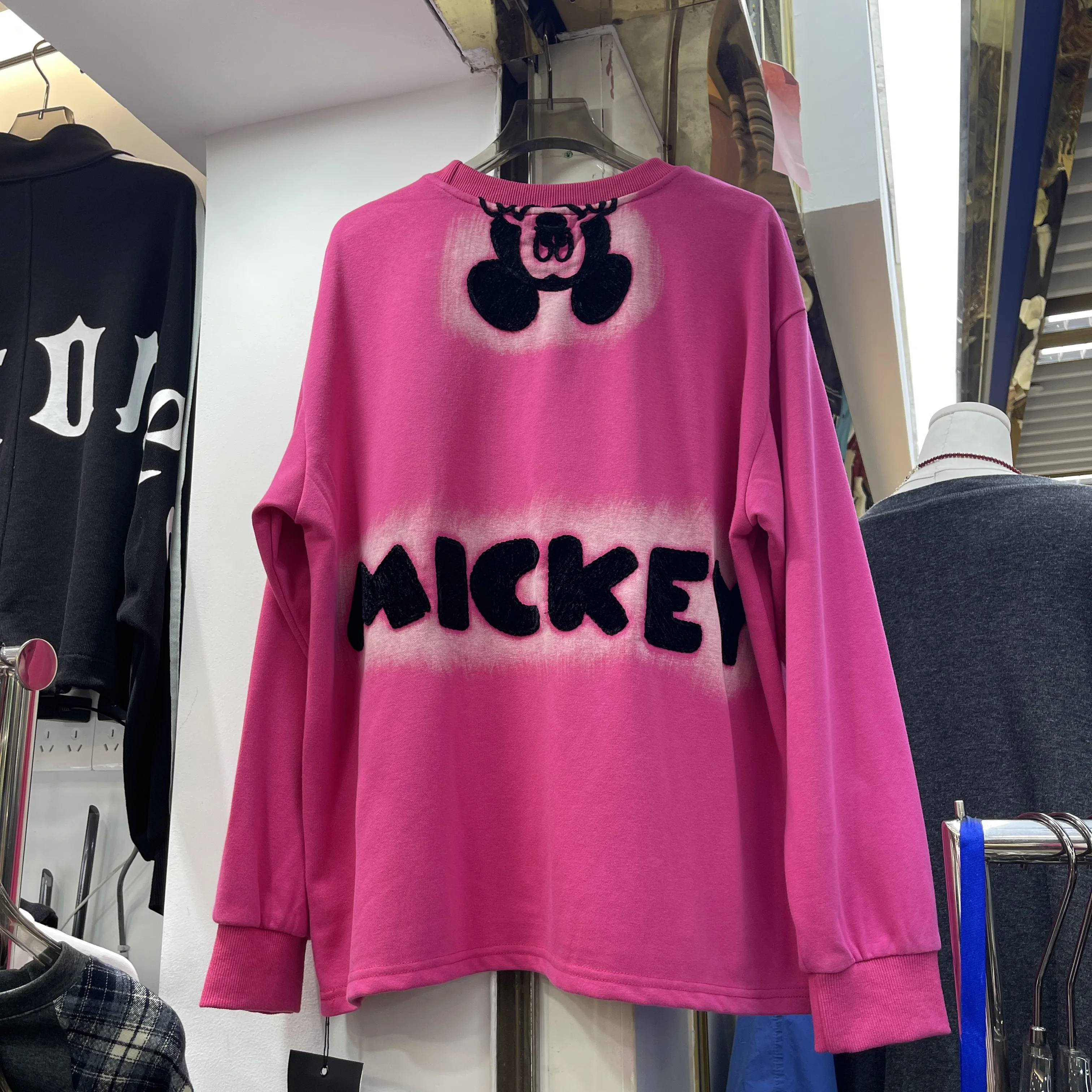 Rose Red Oversized Tops 2023 Spring New Korean Style Cartoon Print Long Sleeve Round Neck Loose Pullover Sweatshirt for Women