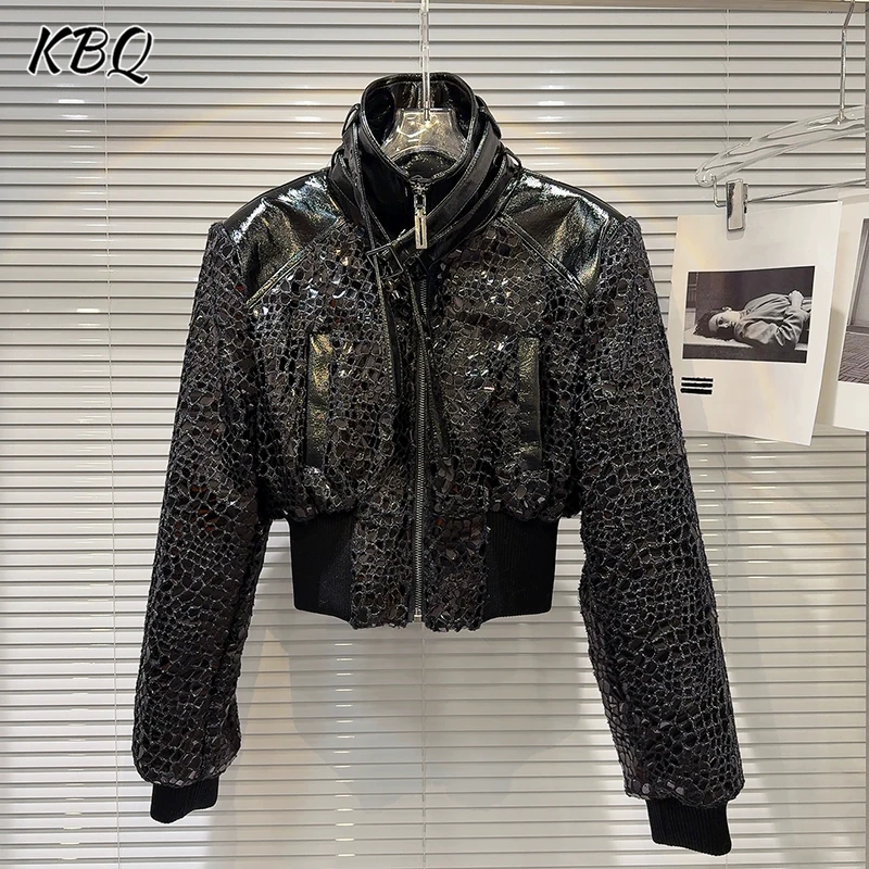

KBQ однотонные лакированные блестящие пальто с узором из крокодиловой кожи для женщин, лоскутная куртка на молнии с воротником-стойкой и длинными рукавами, женская мода