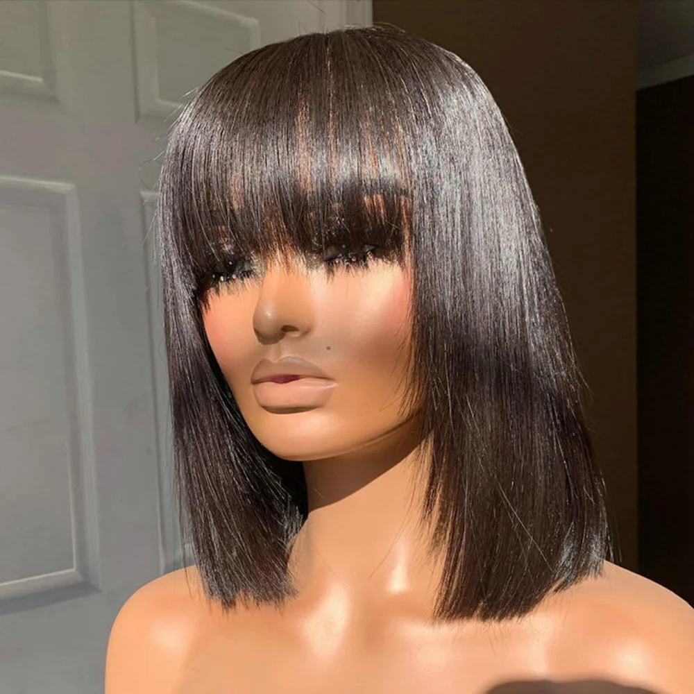 

Straight Human Hair Wig With Bangs Short Bob Human Hair Wig Brazilian Glueless Full Machine Made Fringe Wig For Women With Bangs