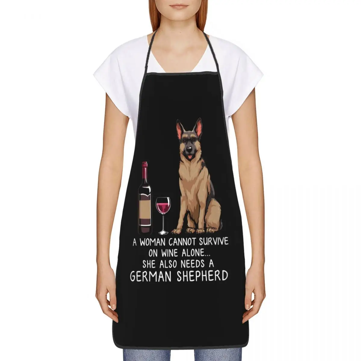 Wine And German Shepherd Dog Bib Aprons Women Men Unisex Kitchen Chef Funny Puppy Tablier Cuisine for Cooking Baking Gardening