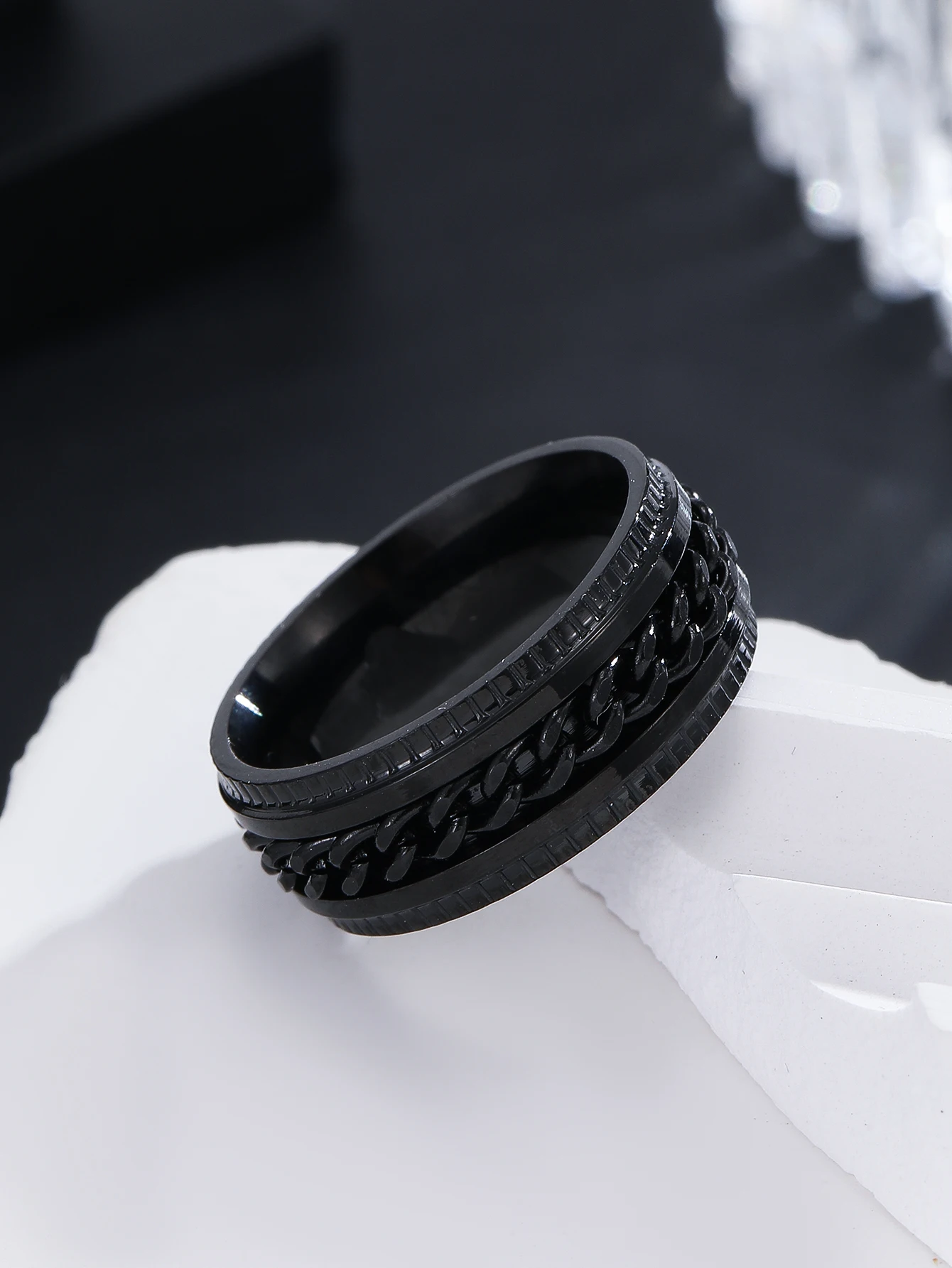 Hip Hop Punk Men Rings Stainless Steel Rotatable High Quality Black Anxiety Fidget Multifunctional Spinner Chain Rings Jewelry