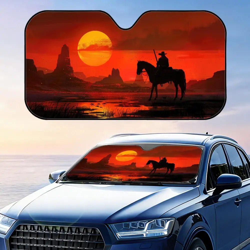 Western Cowboy Sunset Scene Sun Visor Foldable Universal Car Windshield Sun Shade UV Protection Heat Insulation Foldable Cover
