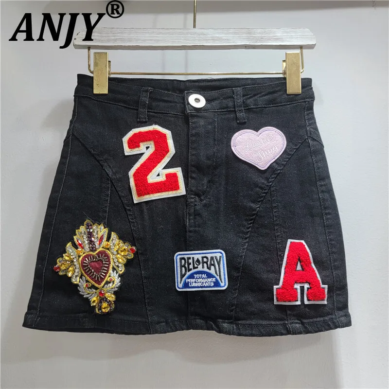 

ANJY Autumn New Women Hip-Hop Street Chic Letter Patchwork Denim Mini Skirt Y2K Personality Fashion A-Line Stretch Skirts A16431