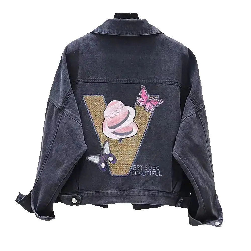 

Fashion Denim Jacket Women's 2024 Spring And Autumn New Loose Heavy Industry Hot Drilling Age-reducing Joker Top.