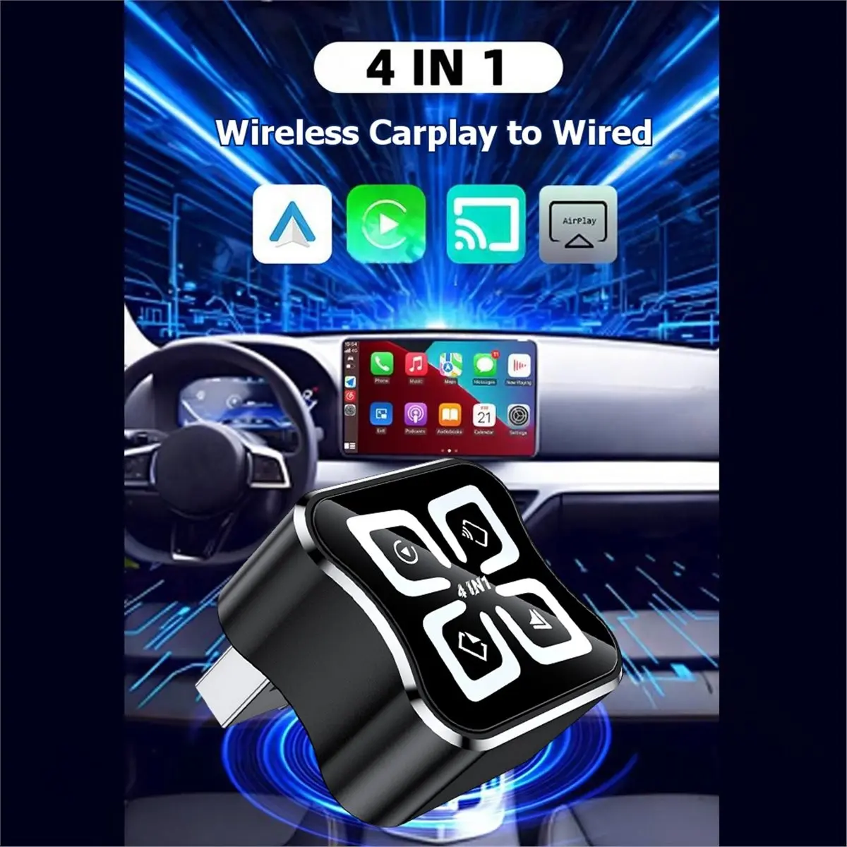 （2026 SUMMER）4in1 Carplay Adapter Wireless AI Box Airplay/Mirror Link/Android Auto/Carplay USB Dongle Wired Carplay to Wireless